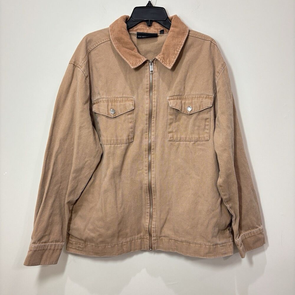 NO BOUNDARIES Tan Canvas Corduroy Collar Zip Up Jacket Men L Workwear Utility